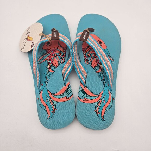 Sakroots Eudora Turquoise Blue Fish Flip Flop Thong Sandals Womens Sz 10 NEW - Picture 4 of 6